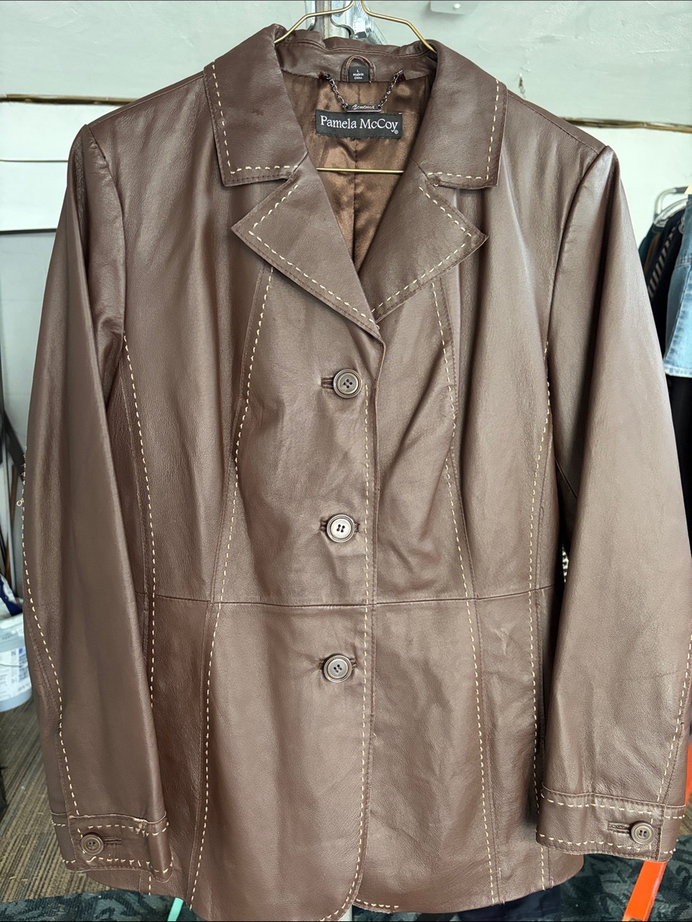 Pamela McCoy Brown Notch-Collar Leather Blazer SZ L